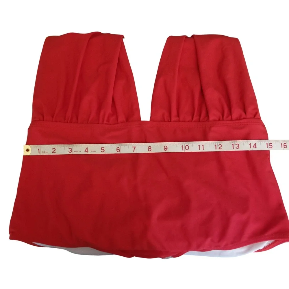 Retro Stage Red Halter One Piece Swimsuit Plunge V-Neck Ruched Waist Large‎ NEW